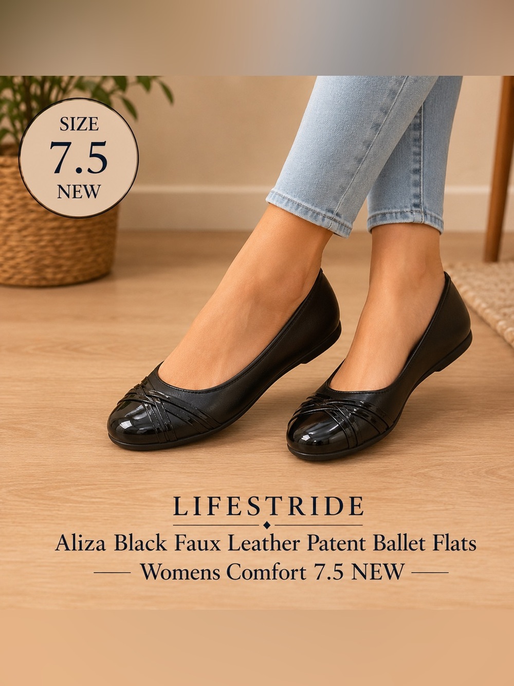 LifeStride Aliza Black Faux Leather Patent Ballet Flats Womens Comfort 7.5 NEW